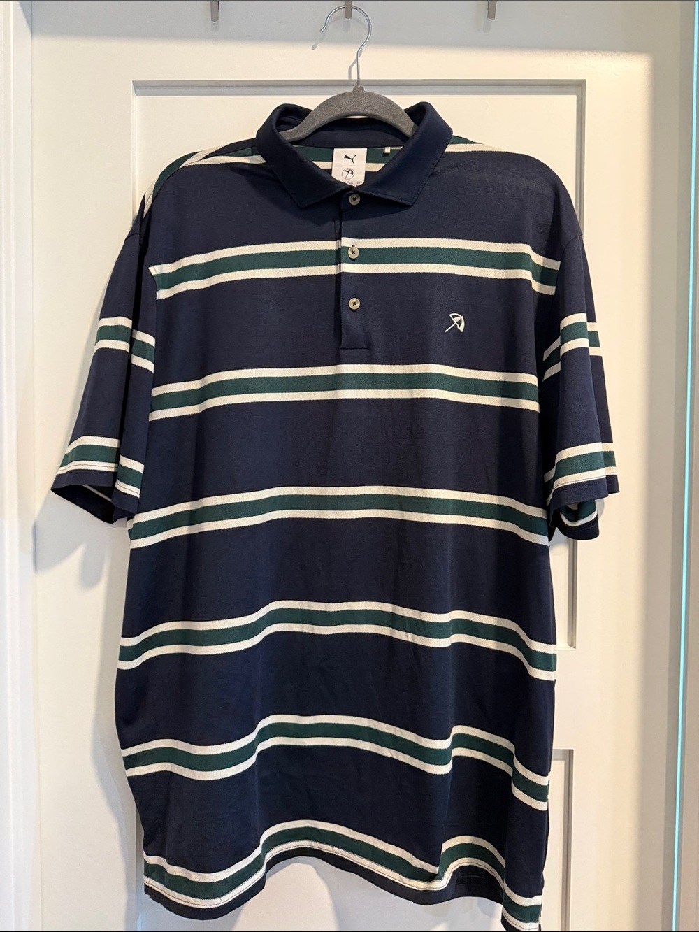 Puma Navy Polo with White and Green Stripes